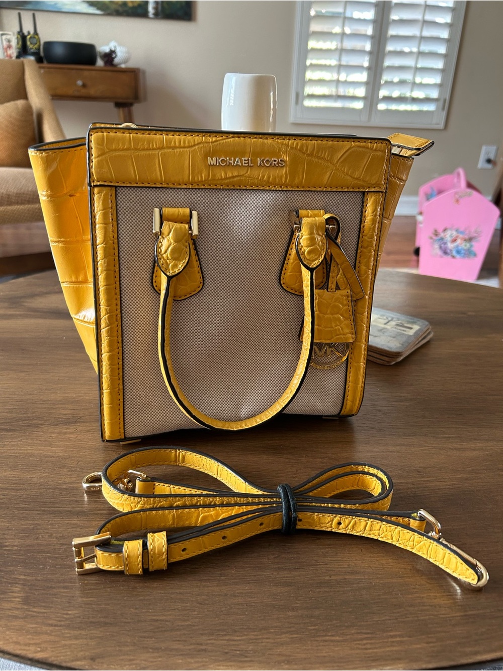 Michael Kors Yellow Croc-Trim Canvas Satchel with Gold Hardware